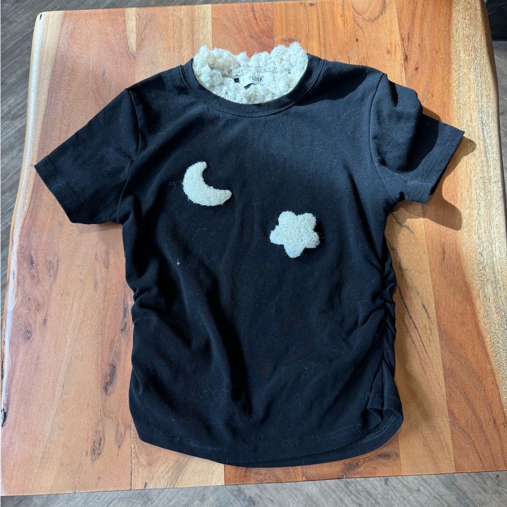 Black Kids Shirt with Moon and Flower Design